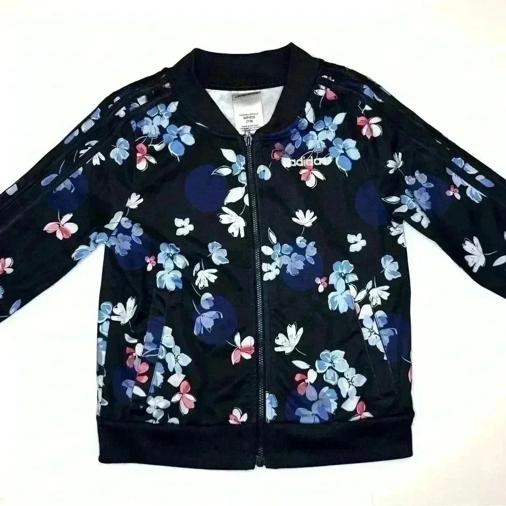 Adidas girls Black Floral Long sleeve zip up jacket size Small 7/8